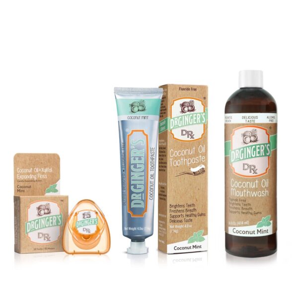 Dr. Ginger's Floss Brush Swish bundle includes floss, toothpaste, and mouthwash