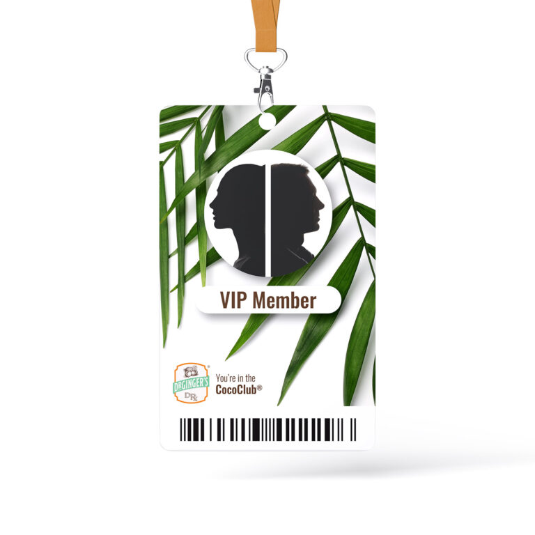 A mock up of an ID badge that depicts a silhouetted man and woman, text that says "VIP Member" and "You're In The Coco Club"